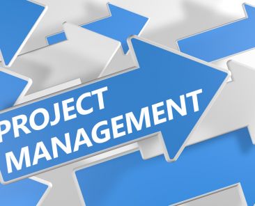 Project Management 3d render concept with blue and white arrows flying over a white background.